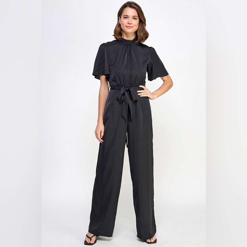 High-Neck Black Satin Jumpsuit with Self-Tie Waist